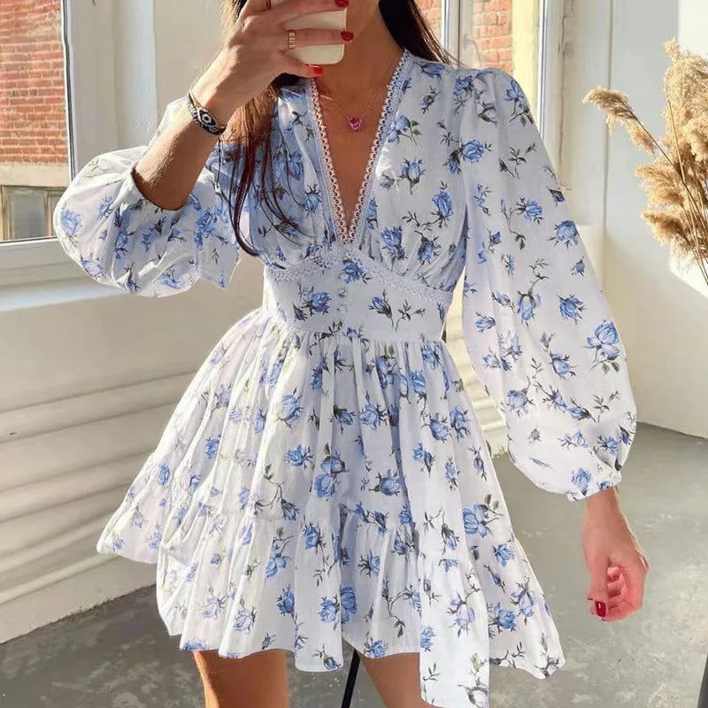 Women Floral Print Mini Dress High Waist A-Line Summer Autumn Long Sleeve V Neck Dresses Vintage Beach Vacation Casual Vestidos - Lizbert