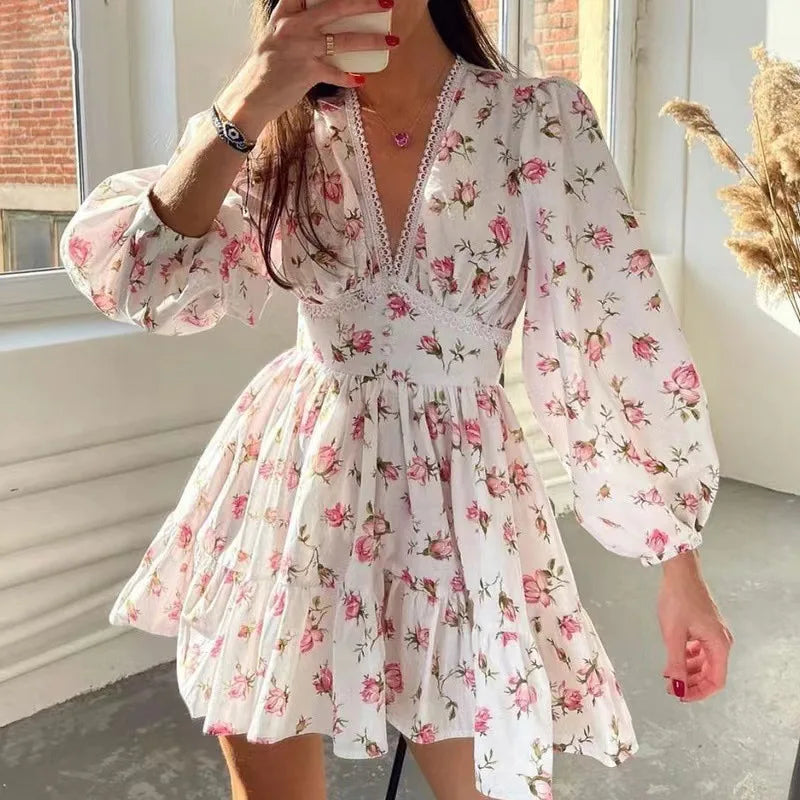 Women Floral Print Mini Dress High Waist A-Line Summer Autumn Long Sleeve V Neck Dresses Vintage Beach Vacation Casual Vestidos - Lizbert