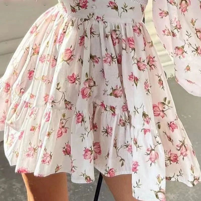 Women Floral Print Mini Dress High Waist A-Line Summer Autumn Long Sleeve V Neck Dresses Vintage Beach Vacation Casual Vestidos - Lizbert