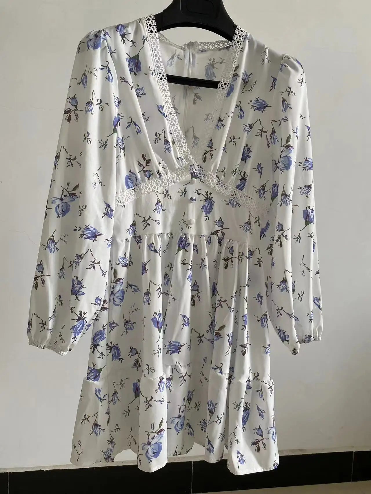 Women Floral Print Mini Dress High Waist A-Line Summer Autumn Long Sleeve V Neck Dresses Vintage Beach Vacation Casual Vestidos - Lizbert