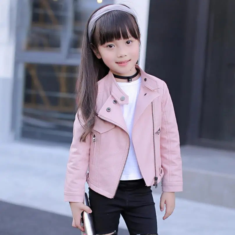 2021 New Autumn Winter Baby Girls Solid color lapel PU leather Kids Fashion Leather Jackets Children Outerwear Clothes 3-12Y Lizbert