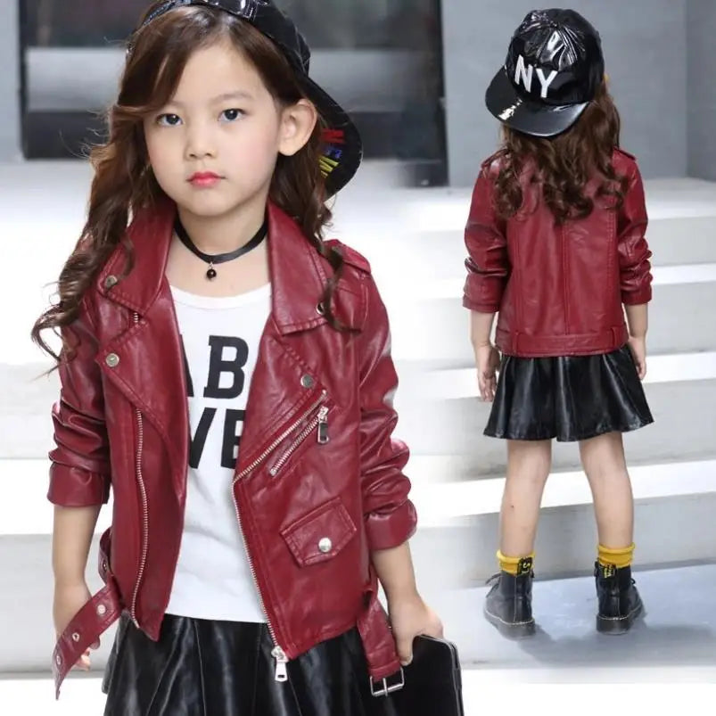 2021 New Autumn Winter Baby Girls Solid color lapel PU leather Kids Fashion Leather Jackets Children Outerwear Clothes 3-12Y Lizbert