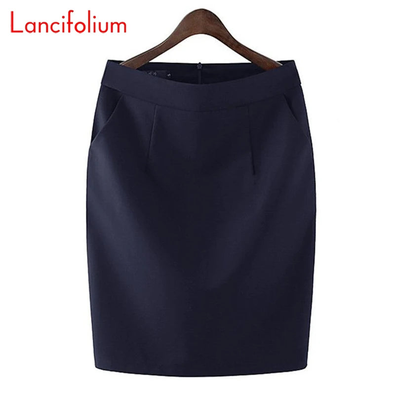 Knee Length Work Office High Waist Skirt Women Summer Vintage Formal OL Skirt Pocket Female Black Grey Bodycon Business Skirt Lizbert