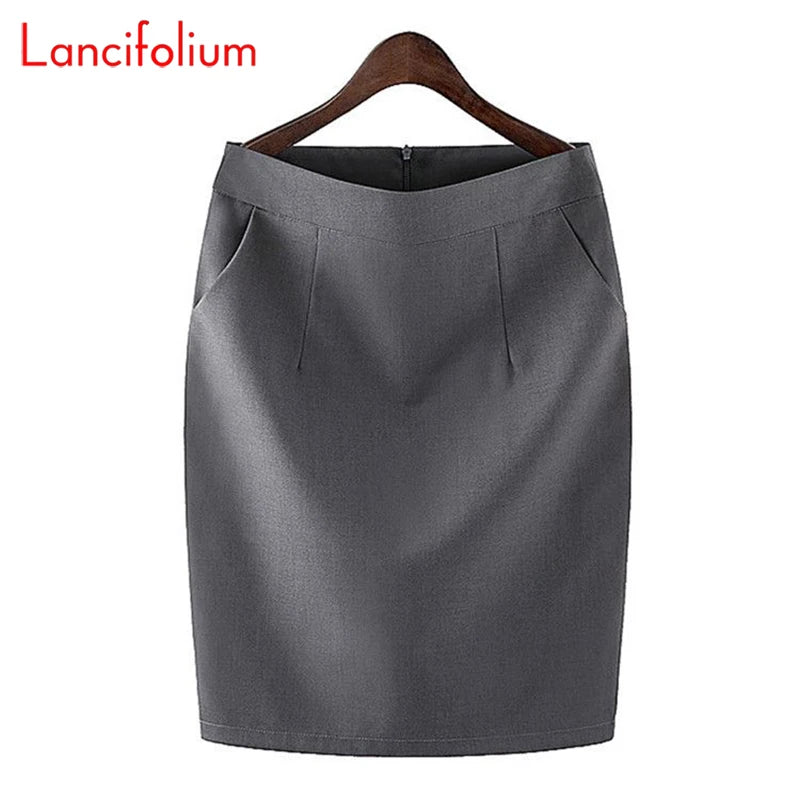 Knee Length Work Office High Waist Skirt Women Summer Vintage Formal OL Skirt Pocket Female Black Grey Bodycon Business Skirt Lizbert