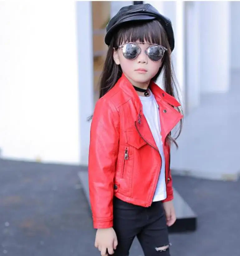2021 New Autumn Winter Baby Girls Solid color lapel PU leather Kids Fashion Leather Jackets Children Outerwear Clothes 3-12Y Lizbert