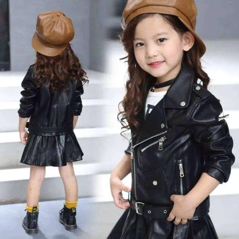 2021 New Autumn Winter Baby Girls Solid color lapel PU leather Kids Fashion Leather Jackets Children Outerwear Clothes 3-12Y Lizbert