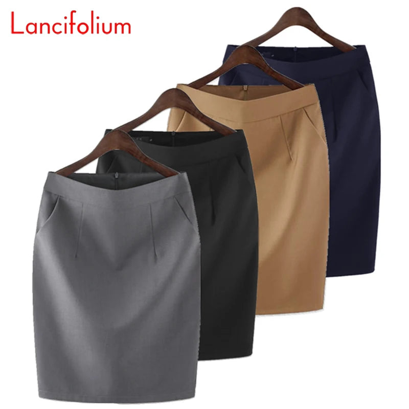Knee Length Work Office High Waist Skirt Women Summer Vintage Formal OL Skirt Pocket Female Black Grey Bodycon Business Skirt Lizbert
