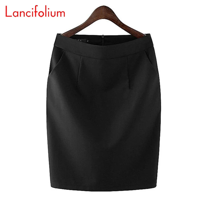 Knee Length Work Office High Waist Skirt Women Summer Vintage Formal OL Skirt Pocket Female Black Grey Bodycon Business Skirt Lizbert