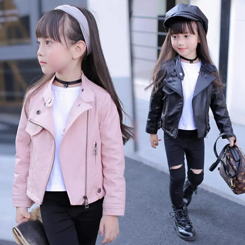 2021 New Autumn Winter Baby Girls Solid color lapel PU leather Kids Fashion Leather Jackets Children Outerwear Clothes 3-12Y Lizbert