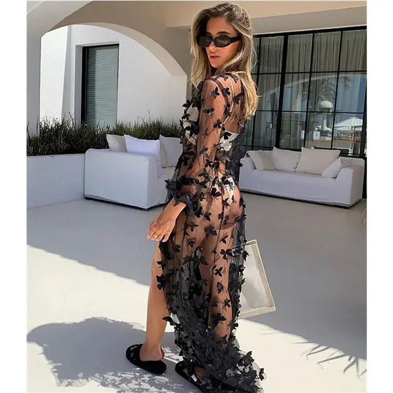 Women's Swimsuit Beach Cover Up Sexy Open Front 3D Butterfly Flowy Kimono Cardigan Feamel Swimwear Maxi Dresses Bikini COver Up Lizbert