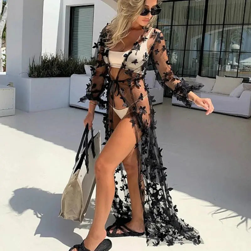 Women's Swimsuit Beach Cover Up Sexy Open Front 3D Butterfly Flowy Kimono Cardigan Feamel Swimwear Maxi Dresses Bikini COver Up Lizbert