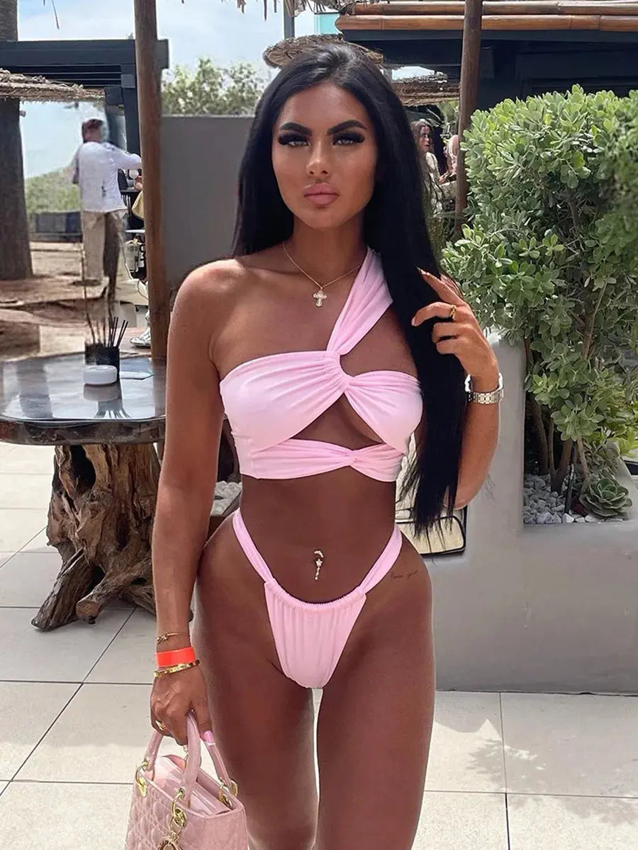 2026 New Sexy One shoulder Hollow Bikini Set Beach Cover Up Sexy Three Pieces Swimsuit Backless Bikini Swim Suits Beachwear Lizbert