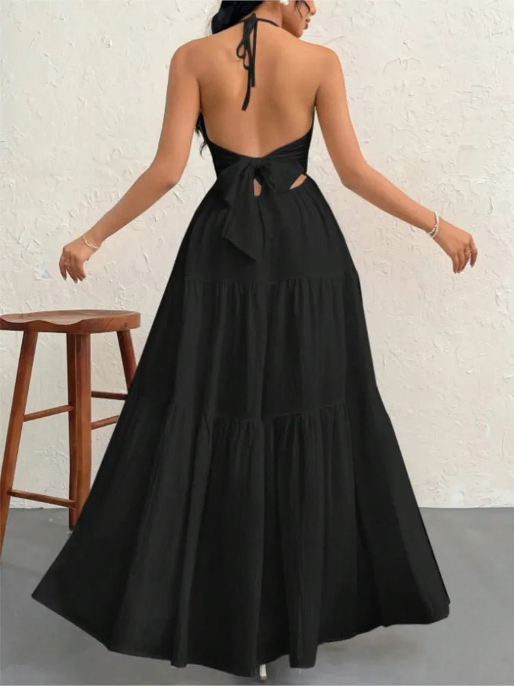 Sexy Deep V Neck Dress Lady Elegant Solid Halter Sleeveless Backless Loose Dresses For Women Fashion Beach Holiday Skirt Clothes - Lizbert