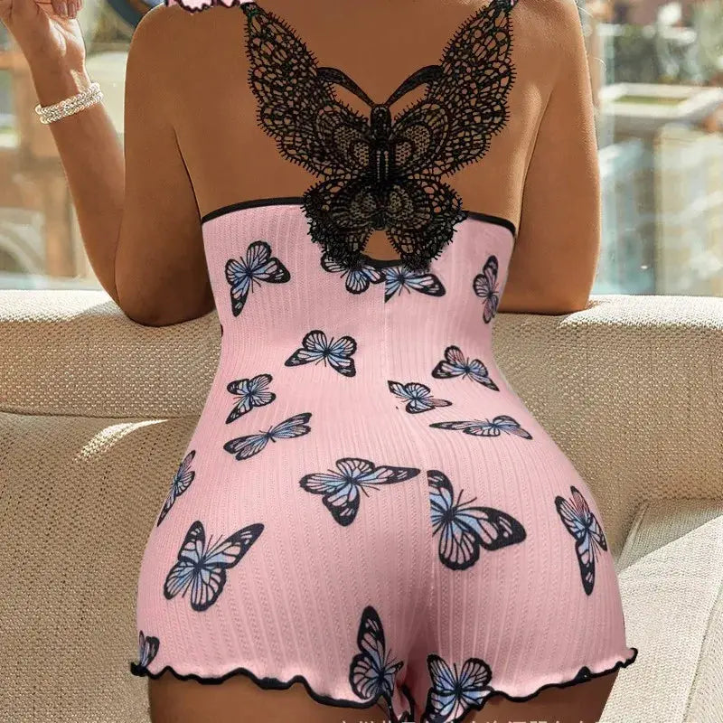 Women Sleeveless Teddy Bodysuit Sexy Lingerie Butterfly Pattern Contrast Lace Pajama Romper Lizbert