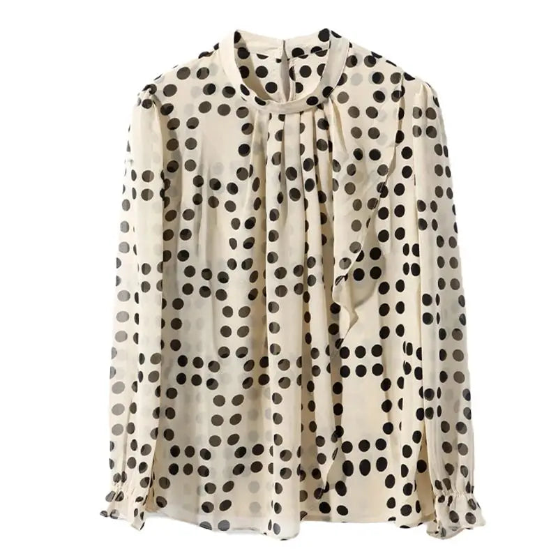 Spring Autumn New Round Neck Long Sleeve Blouse Women Fashion Ruffles Polka Dot Pullovers Elegant High Street All-match Tops Lizbert
