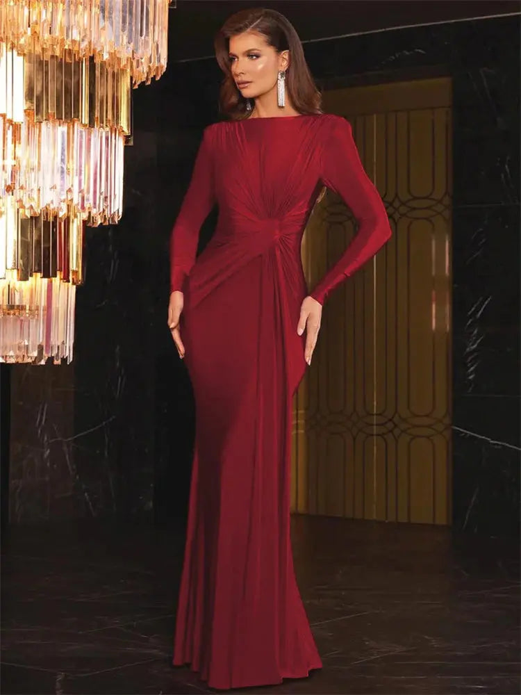 Ladies Autumn Elegant Evening Party Dress Women Long Sleeve O-Neck Ruched Fashion Maxi Dresses Night Club Streetwear Fall Outfit Lizbert