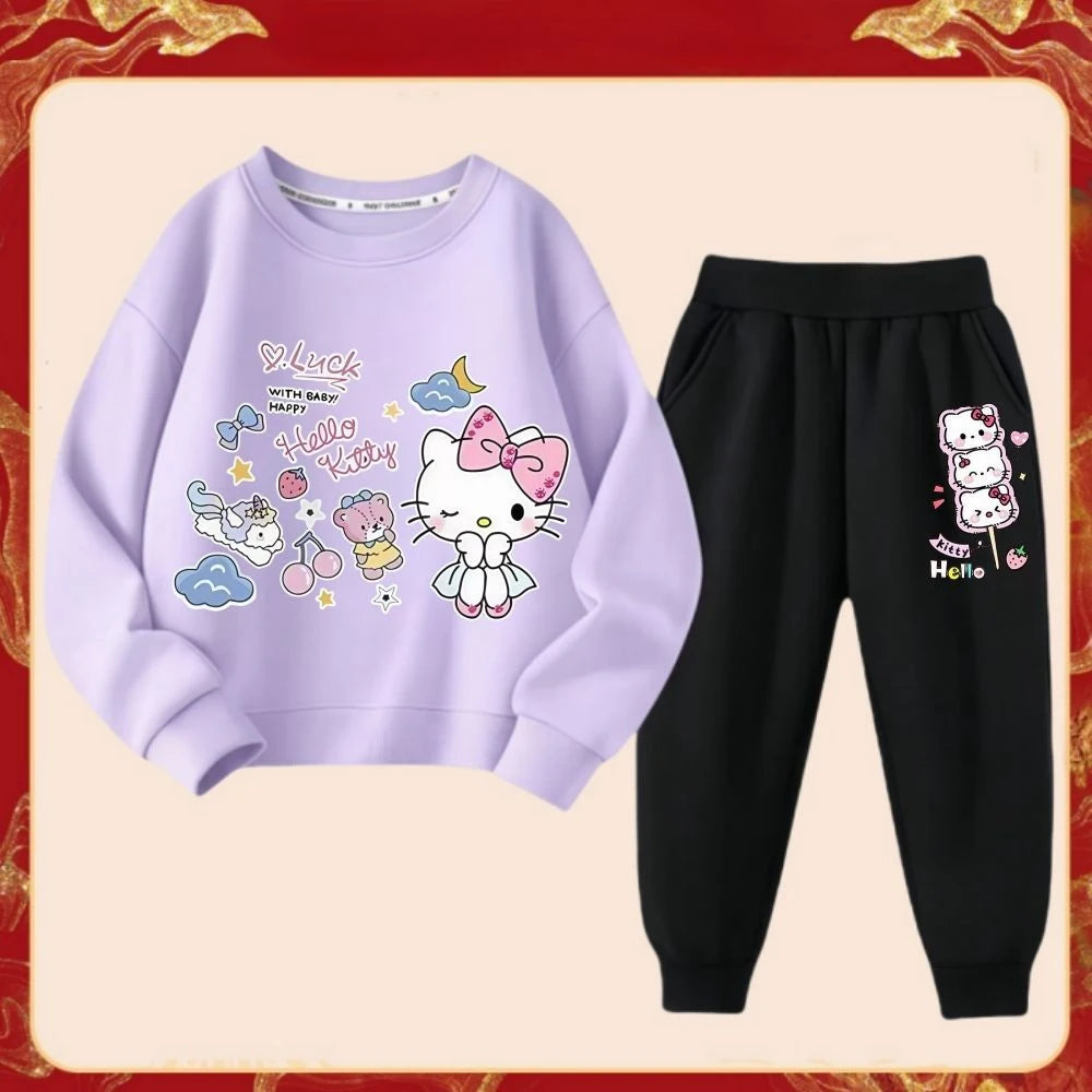 Spring Autumn Girl's Fashion Clothes Sets Kids Cartoon Hello Kitty Print Sweater Pullover Tops & Pants 2Pcs Outfit Tracksuit