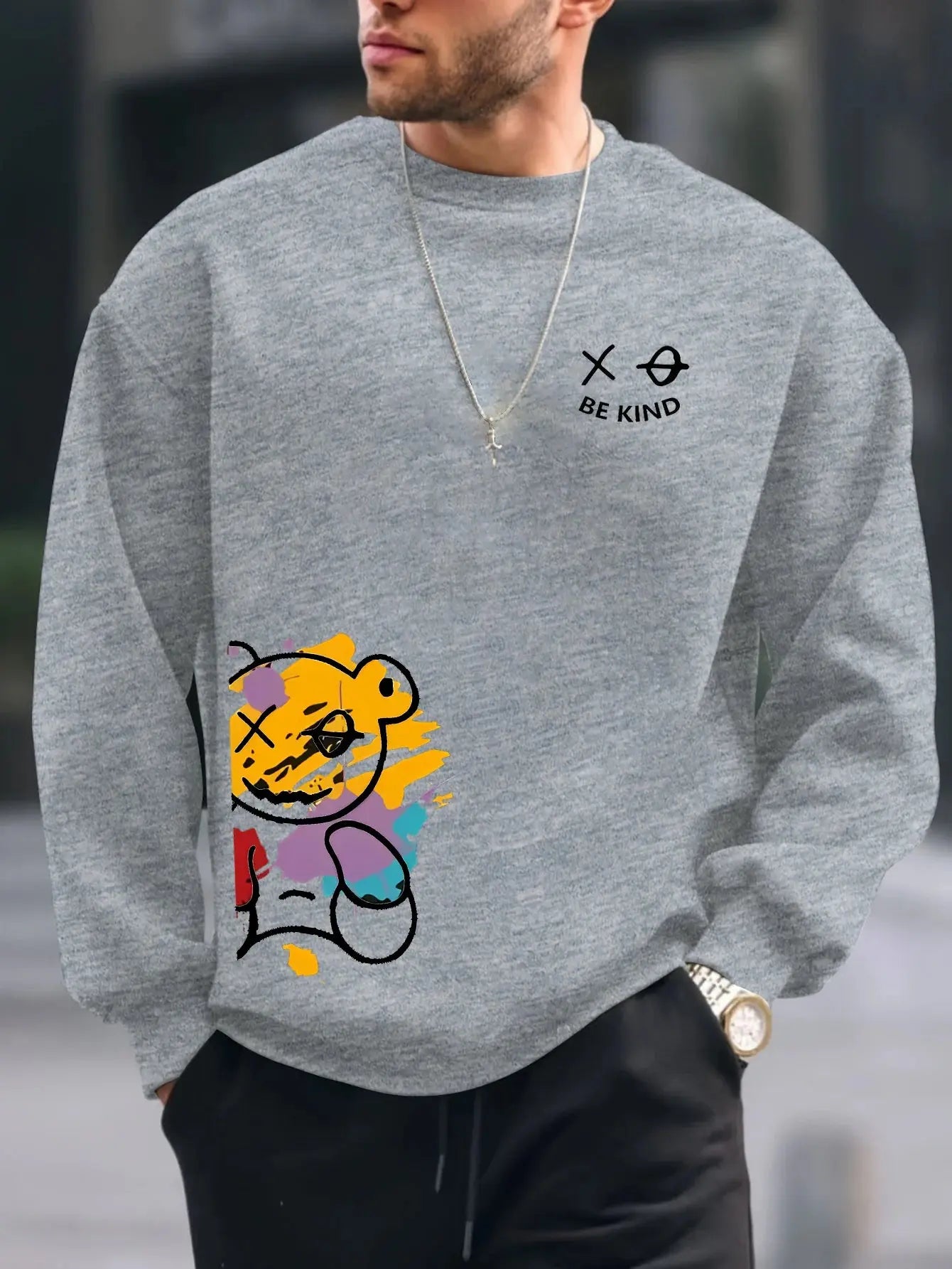 Men's sweatshirt autumn and winter fashionable casual loose BE KING bear cartoon printed fleece pullover round neck long sleeved sweatshirt Lizbert