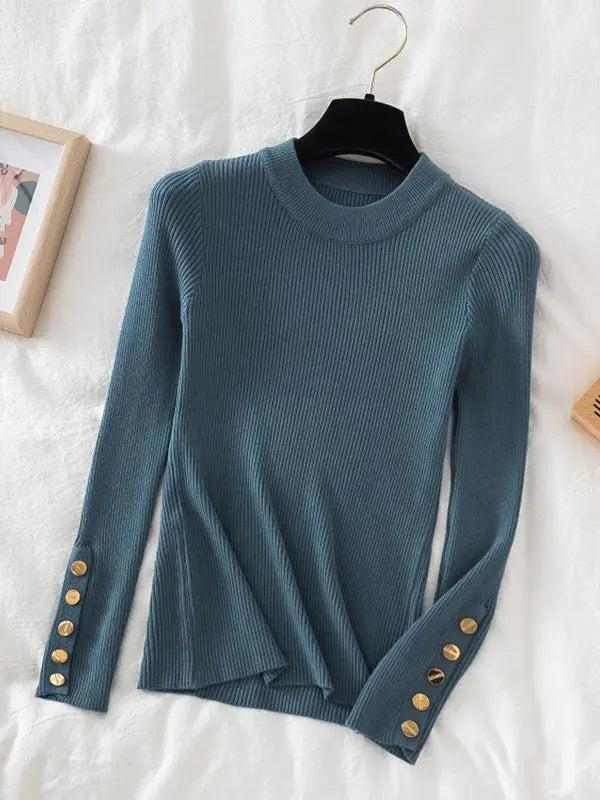 2025 women thick sweater pullovers khaki casual autumn winter button o-neck chic sweater female slim knit top soft jumper tops - Lizbert