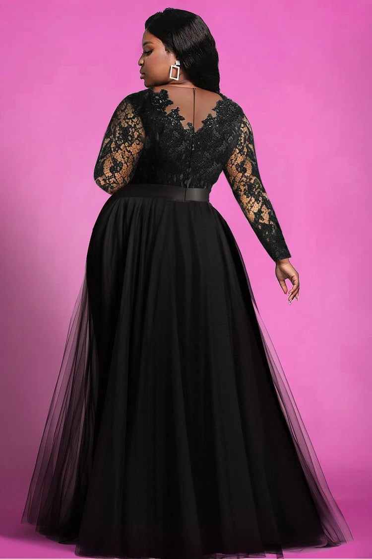 Plus Size Dress for Women Mesh Sexy V-neck See Through Lace Organza Evening Maxi Dress Long Sleeve Elegant Party Cocktail Dress - Lizbert