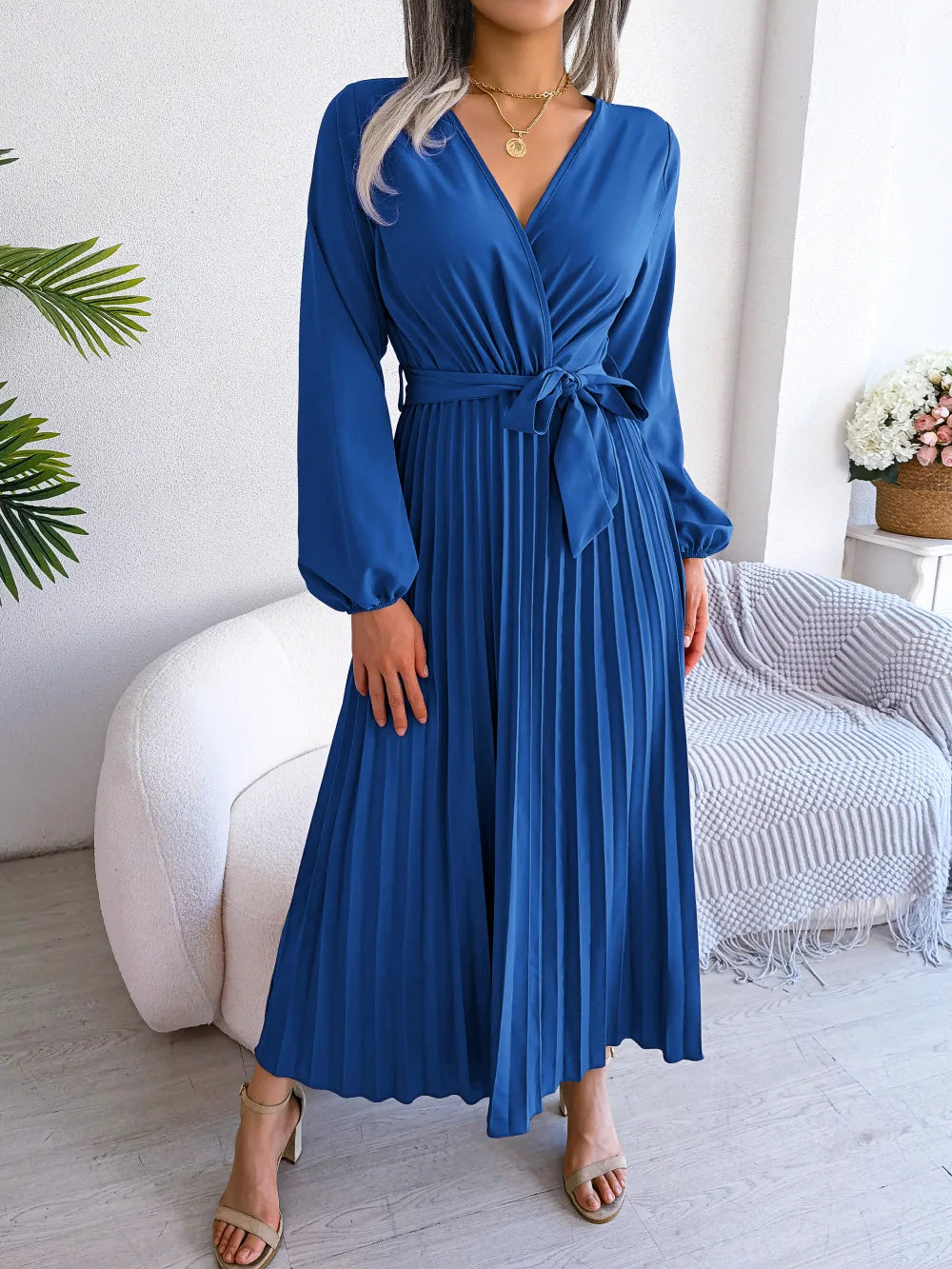 Women Elegant V Neck Long Sleeve Pleated Maxi Dress - Lizbert