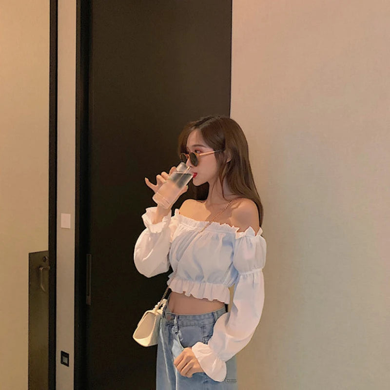 Women Top Sexy Blouse Off Shoulder Top Long Sleeve Solid Color White Shirt Puff Sleeve Ruffle Tunic Crop Top Summer Tube Top Lizbert