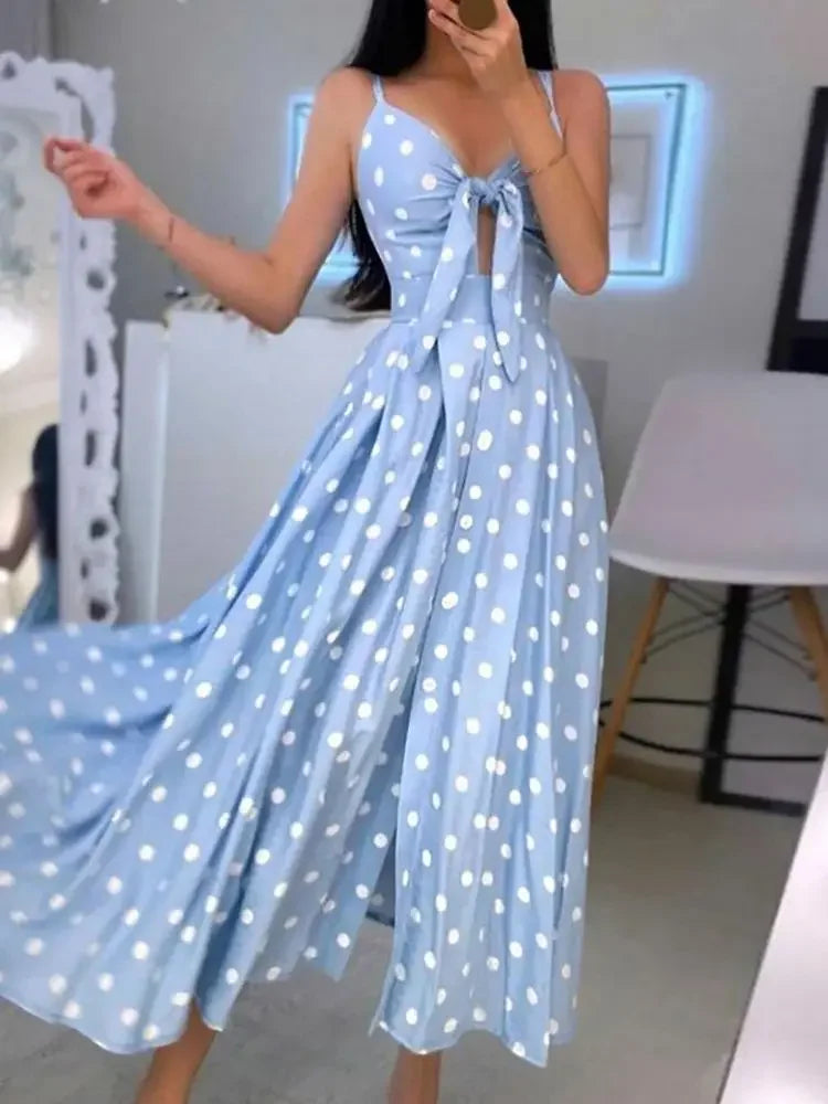 Sexy Summer Women V-Neck Sling Backless Dress Elegant Hollow Out BowKnot Long Party Dress Fashion Femme Dot Maxi Dress Vestido - Lizbert