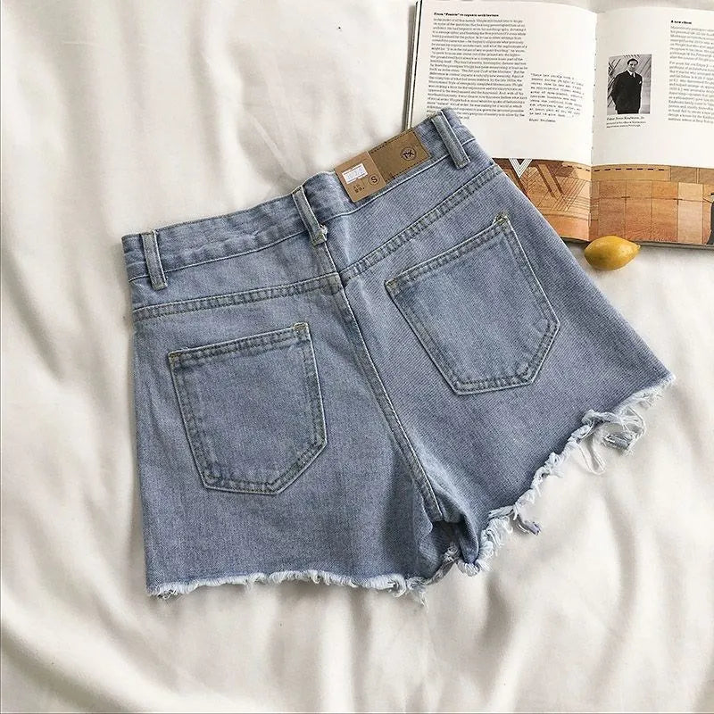 Korean Denim Shorts Women Summer Fashion Casual High Waist Ripped Jeans Pocket Tassel Y2K Hot Pants Streetwear Blue Trousers Lizbert