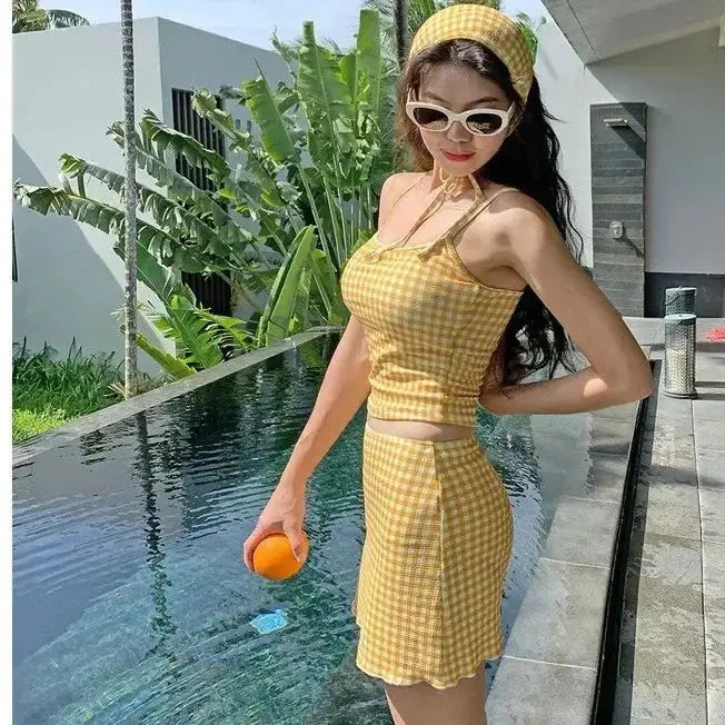 New 2026 swimsuit Three-Piece Swimsuit Slimming Cover-Up Holiday Beauty Checkered Pattern Conservative Korean Style Bikini Set Lizbert