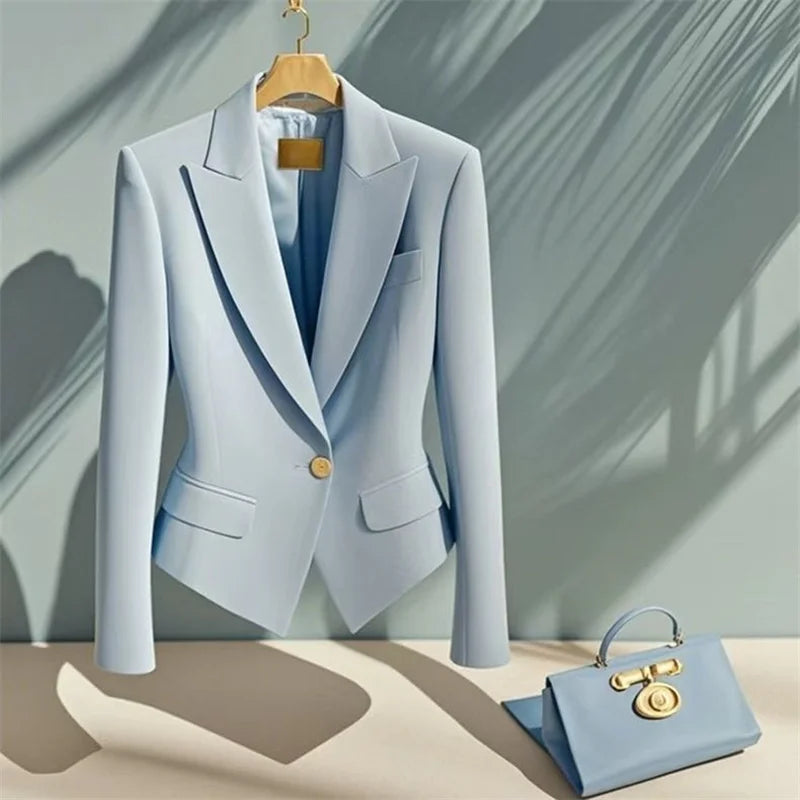 2025 New Women's Blazer Fashion blue Single buckle Short Suit Jacket Woman Jackes Top Spring Autumn Slim Suit Coat Lizbert