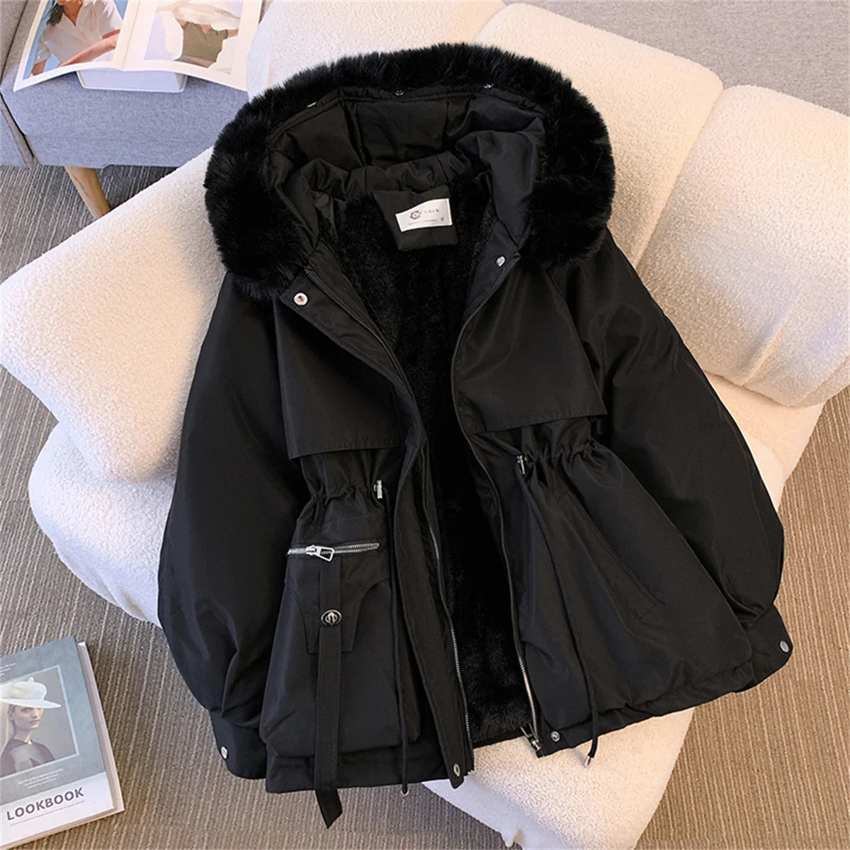 Women Autumn Winter Fashion Coats Korean Hooded Drawstring Padded Jackets Solid Female Casual Street Outfit Coat Zip Up Parkas Lizbert