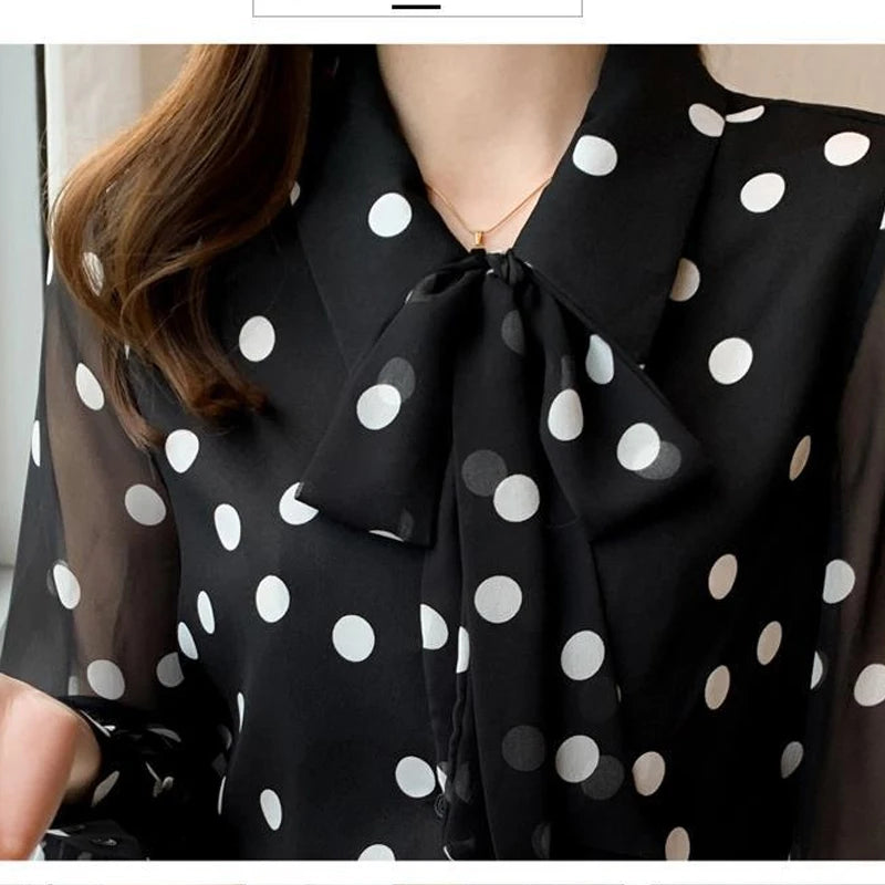 Spring Summer Polka Dot Printing Chiffon Shirt Women Fashion Turn-down Collar Bow Long Sleeve Blouse Female Single Breasted Tops Lizbert