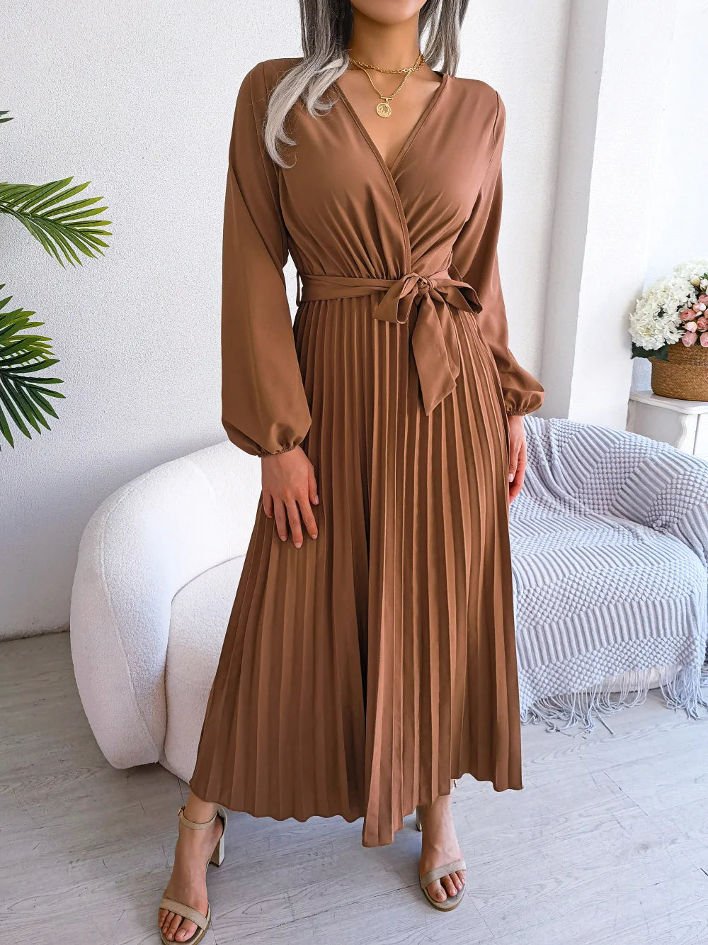 Women Elegant V Neck Long Sleeve Pleated Maxi Dress - Lizbert