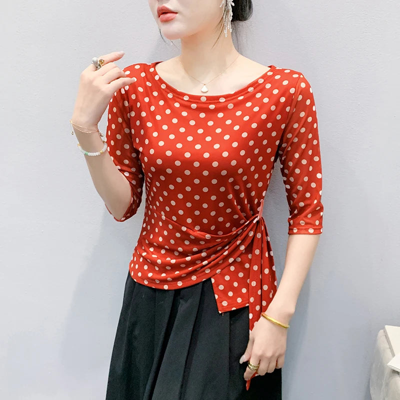 Summer Half Sleeve T-shirts Women Print Polka Dots Mesh Tops Girl Irregular Sweet Tshirt Lizbert
