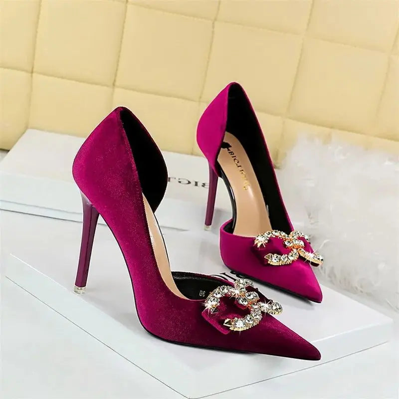 Fashion Women High Heel Rhinestone Buckle Bow Green Pink Pointed Toe Party Pumps Velvet Luxury Elegant Wedding Evening Shoes Lizbert