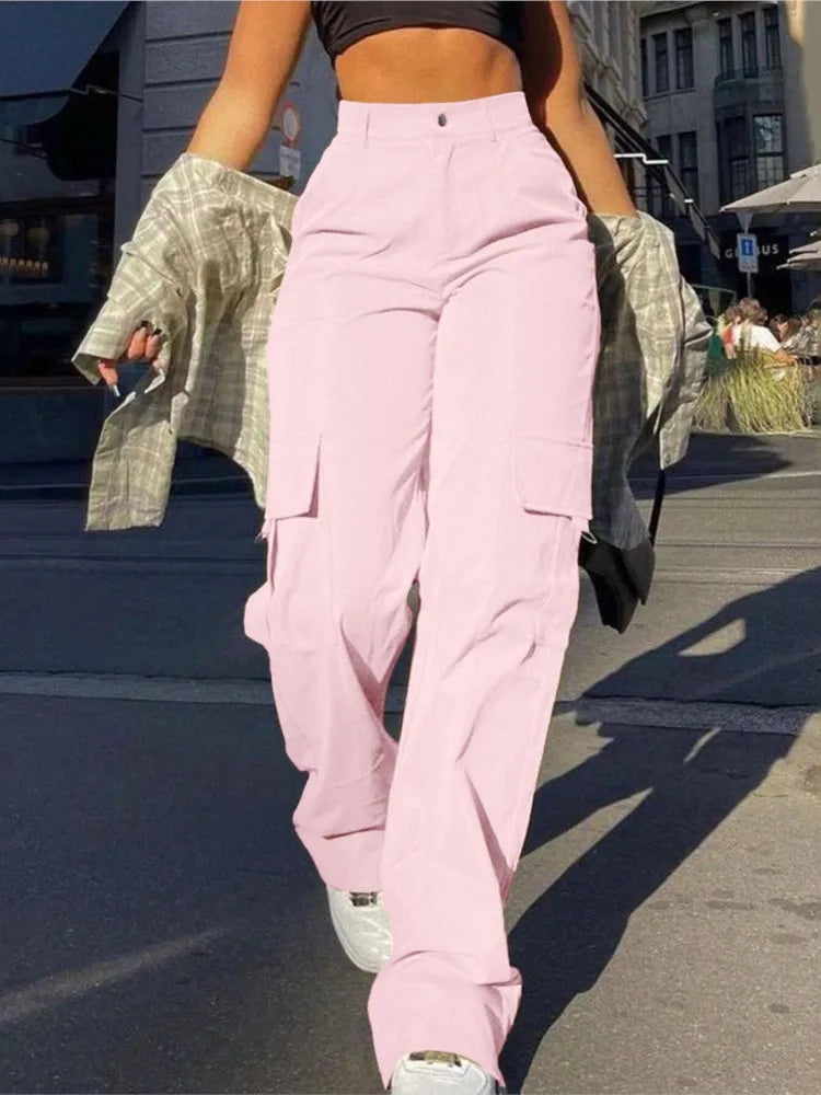 Women's Loose Cargo Pants High Waist Wide Leg Solid Color Full Length Trousers With Pockets Casual All Seasons Long Pantalones - Lizbert