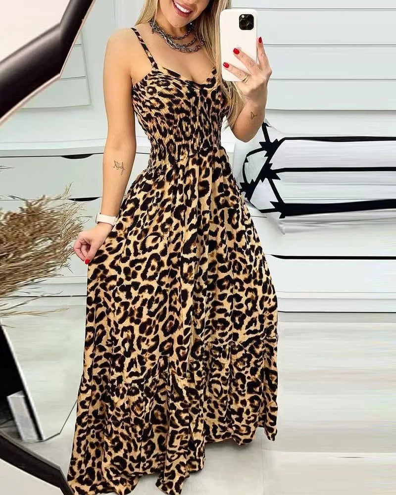 2023 European And American Summer New Leopard Ptteran Suspender V-Neck Dress High Waist Dress Sexy Temperament Fashion Long Dres