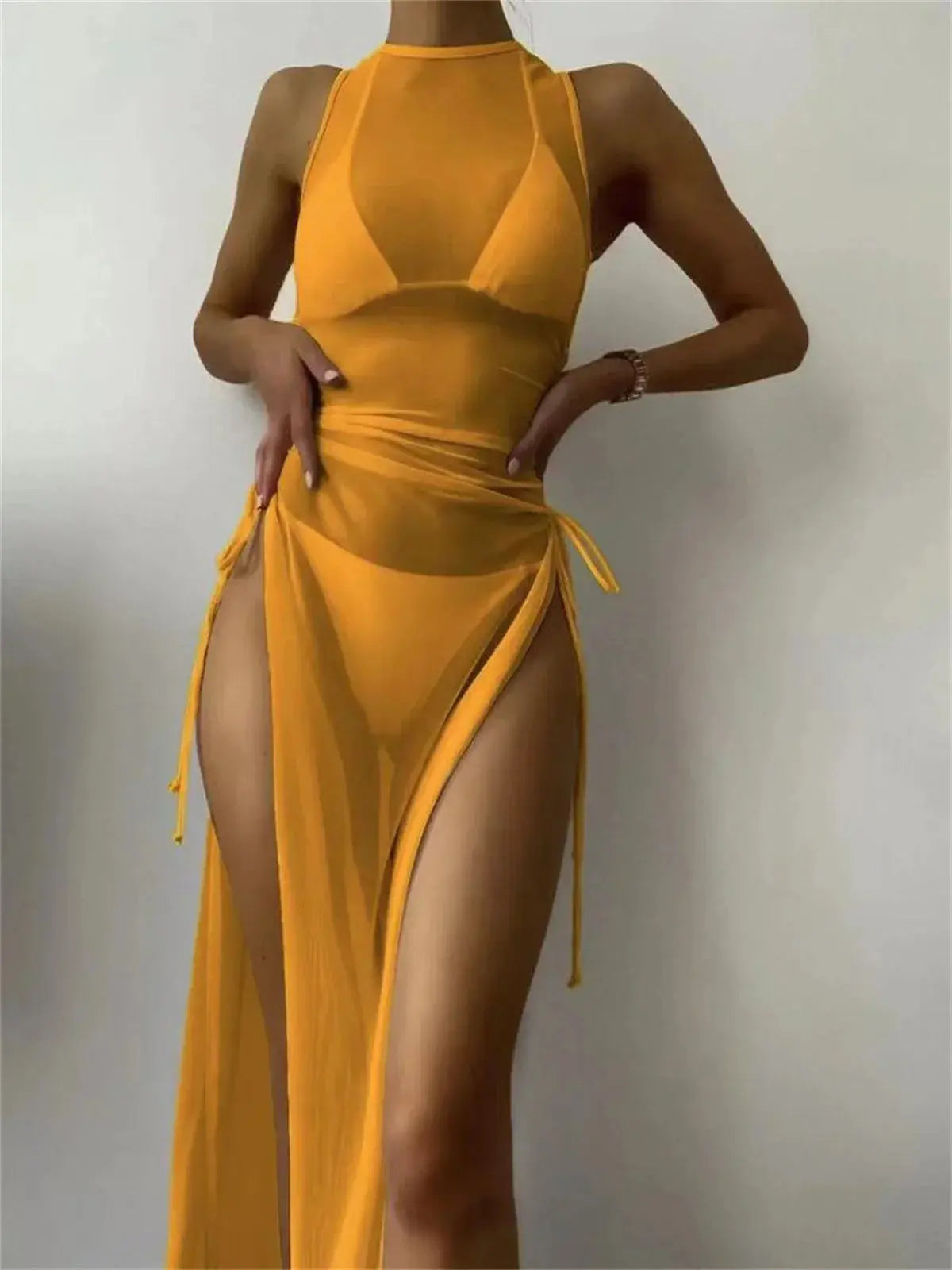 Sexy Sleeveless Mesh Bikini Cover Up Green White Dress 3 Piece Swimsuit Beach See Through Beach Bathing Suit Thong Swimwear 2024 Lizbert