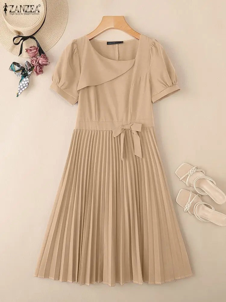 Elegant Square Neck Party Dresses ZANZEA Women 2025 Summer Dress Puff Sleeve OL Work  Vestidos Midi Robe Solid Pleated Sundress Lizbert