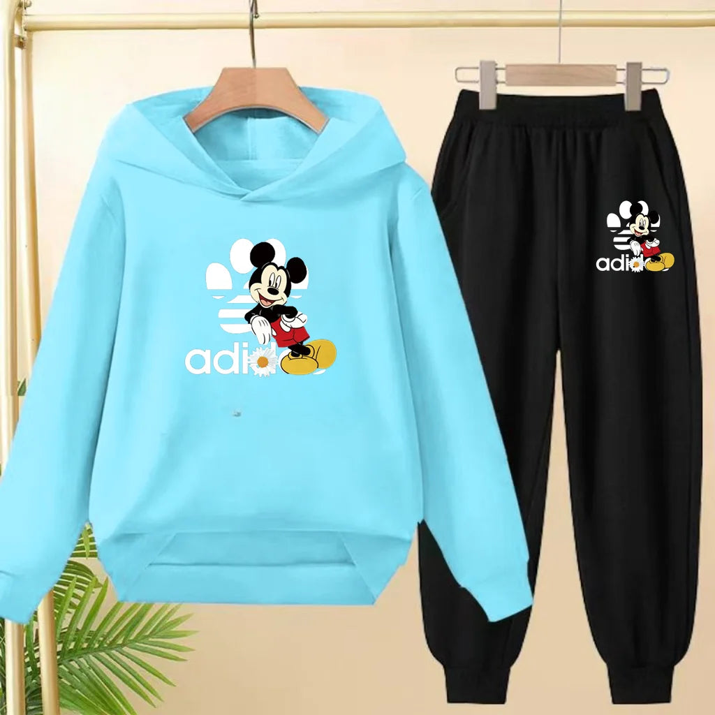 Children's Black Hoodie Anime Mickey Print Pullover 3-12Yrs Coat Sweatshirt+Pants Boys Girls Toddler Sports Clothing Leisure Set