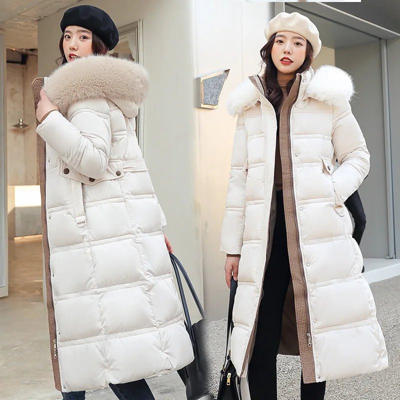 Winter 2025 New Women's Clothing Thickened Long Style Over the Knee Big Fur Collar Hooded Cotton Jacket Down Cotton Jacket Cot Lizbert