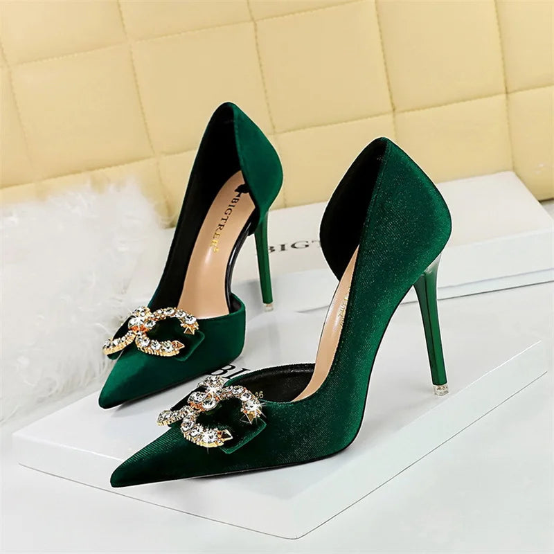 Fashion Women High Heel Rhinestone Buckle Bow Green Pink Pointed Toe Party Pumps Velvet Luxury Elegant Wedding Evening Shoes Lizbert