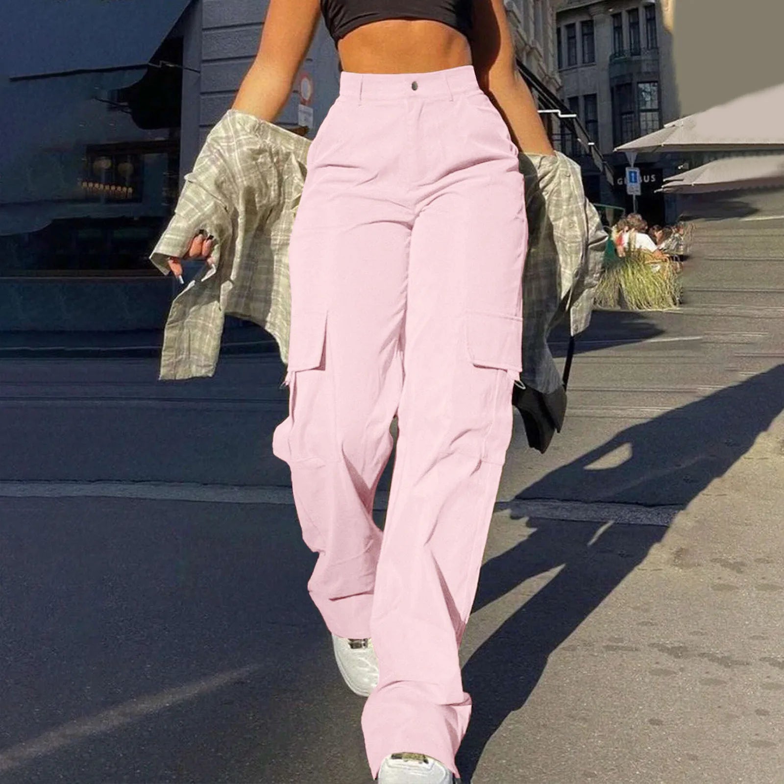 Women's Loose Cargo Pants High Waist Wide Leg Solid Color Full Length Trousers With Pockets Casual All Seasons Long Pantalones - Lizbert