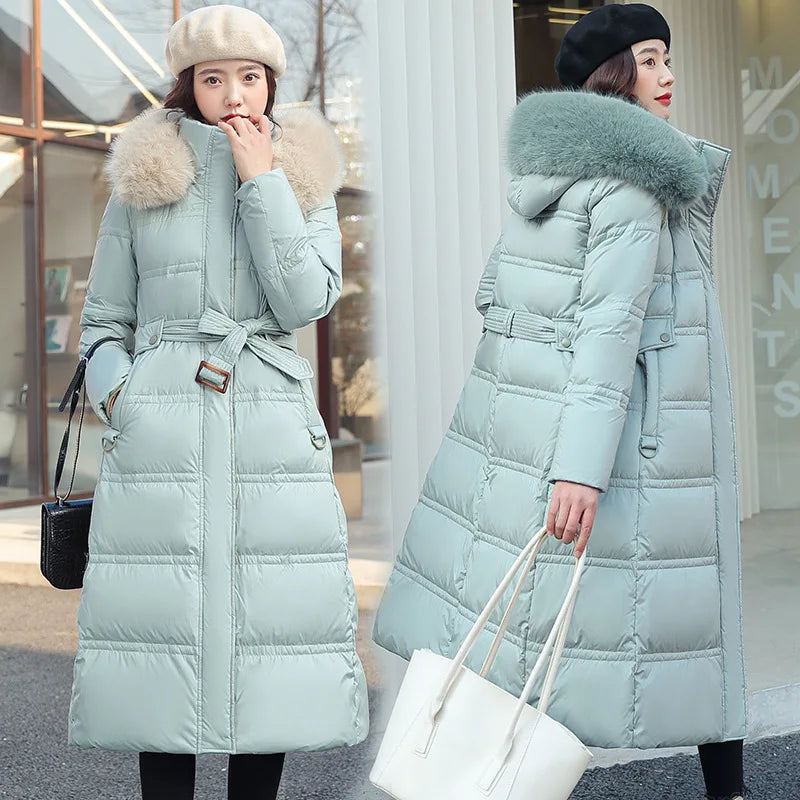 Winter 2025 New Women's Clothing Thickened Long Style Over the Knee Big Fur Collar Hooded Cotton Jacket Down Cotton Jacket Cot Lizbert