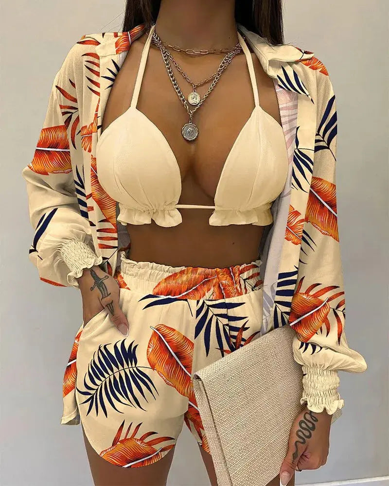 2024 New Bathing Suit Shorts Cover Up Summer Three Pieces Swimwear Sexy Beachwear High Waist Bikini Set Print Women's Swimsuit Lizbert