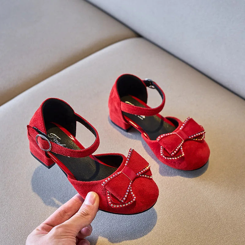 2025 New Children Girls Sandals Solid Color Bow Rhinestones Cute Kids Fashion Princess Elegant Mary Janes for Party Wedding Lizbert