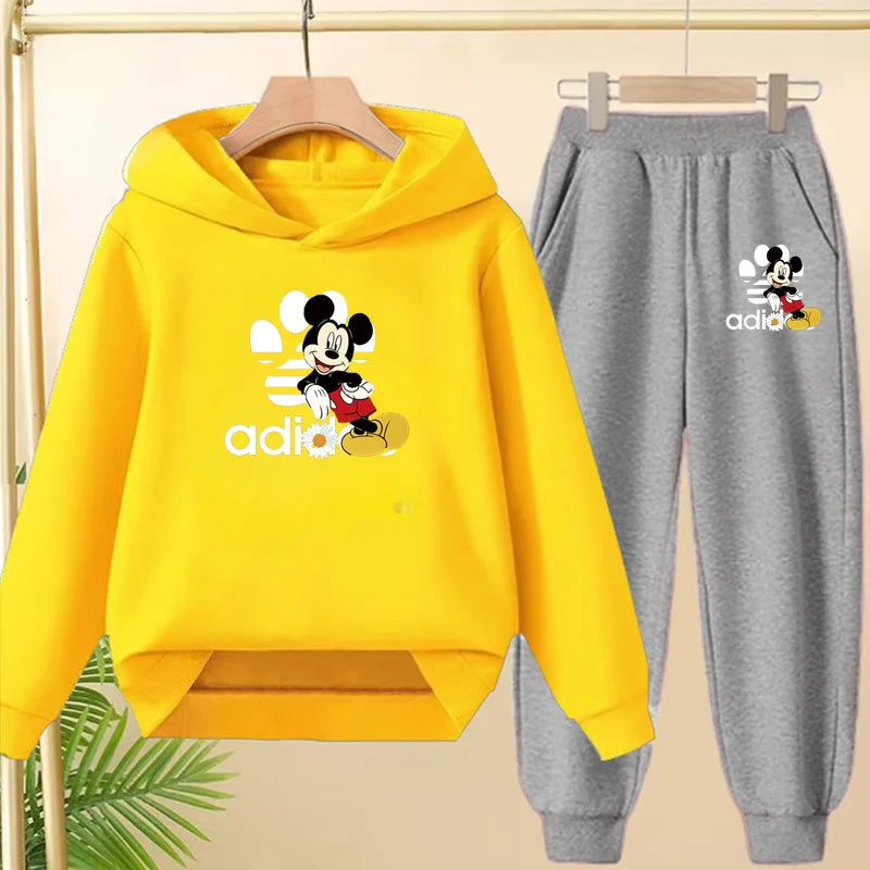 Children's Black Hoodie Anime Mickey Print Pullover 3-12Yrs Coat Sweatshirt+Pants Boys Girls Toddler Sports Clothing Leisure Set