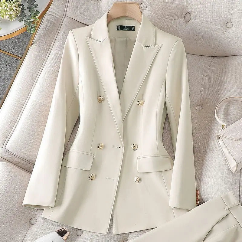 Fashion Office Ladies Pant Suit 2 Piece Sets Women Solid Double-breasted Business Work Wear Blazer Jacket and Trouser Female Lizbert