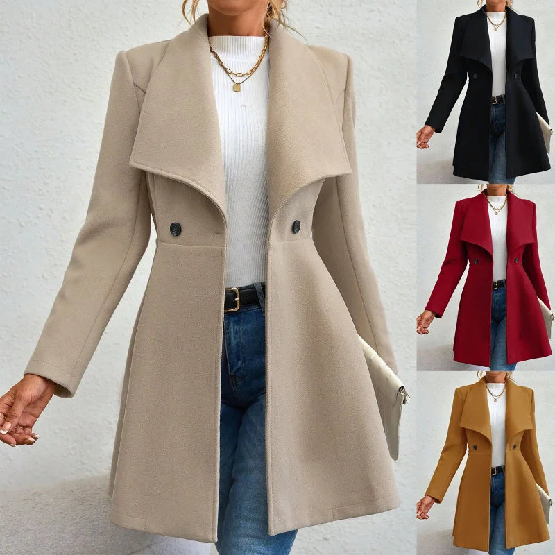 Europe America Autumn Winter New Style Womens Woolen Coat Fashion Trendy Lapel Button Slim Fit Solid Color Versatile Overcoat Lizbert