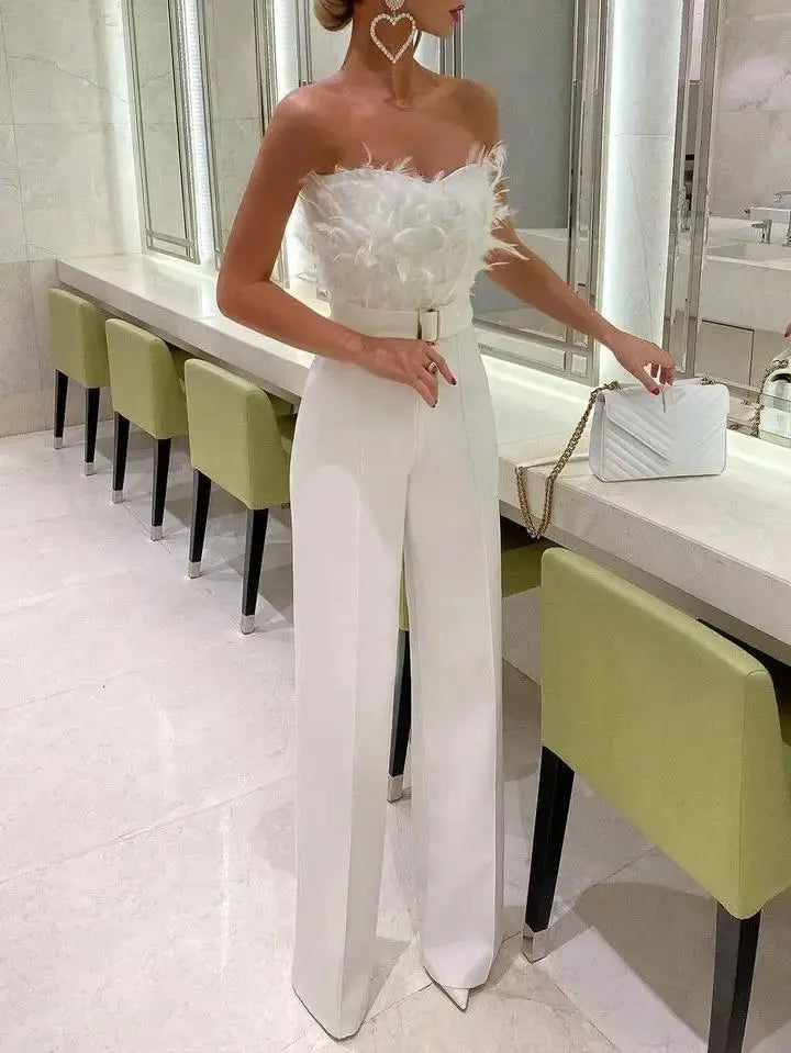 Jumpsuit Women Elegant Long Jumpsuit Strapless Slash Neck Feather Tube Top Sexy Fashion Party Night Evening Jumpsuit 2021 Summer Lizbert